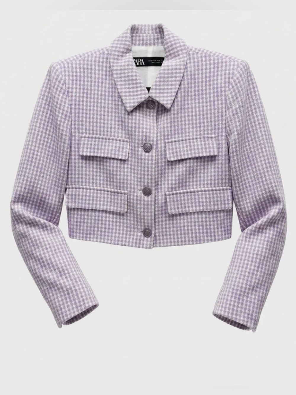 Zara tweed gingham cropped shoulder pads blazer